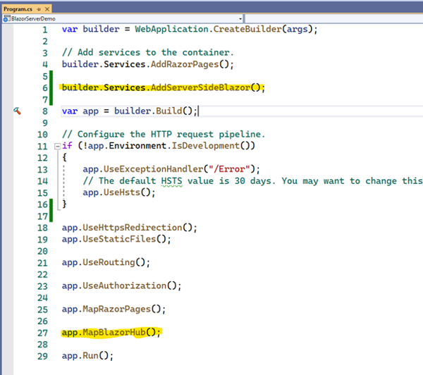 2. Add Blazor services (builder.Services.AddServerSideBlazor()) and the SignalR hub (app.MapBlazorHub()) to Program.cs.