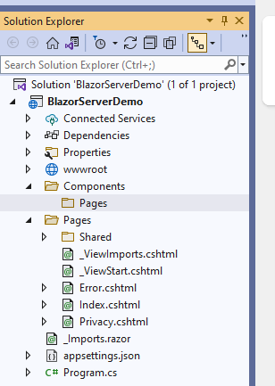 4. Create a new folder in the project “/Components/Pages” where ourare Blazor Components will reside.